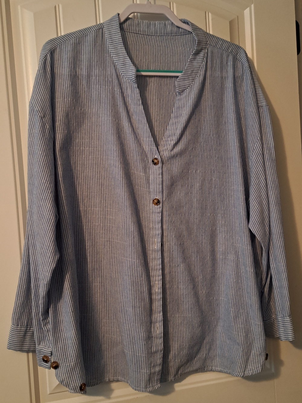 SHEIN Blue & White Pinstripe Mandarin Collar Button-Front Shirt